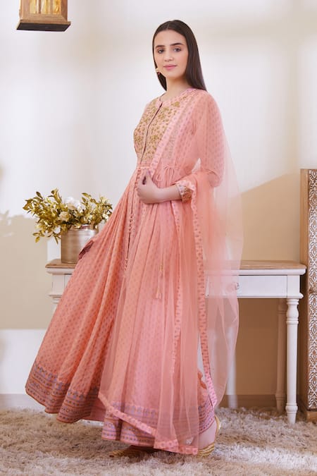 Shop_Shyam Narayan Prasad_Peach Silk Round Anarkali Set _Online_at_Aza_Fashions