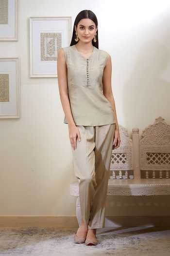 Shop_Shyam Narayan Prasad_Green Silk Angrakha Anarkali Set _Online_at_Aza_Fashions