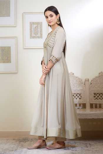 Buy_Shyam Narayan Prasad_Green Silk Angrakha Anarkali Set _Online_at_Aza_Fashions