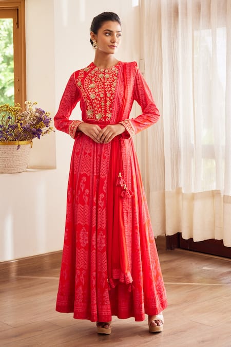 Shyam Narayan Prasad Red Chinnon, Cotton Satin Zardozi Work, Hand Block Print Anarkali Trouser Set