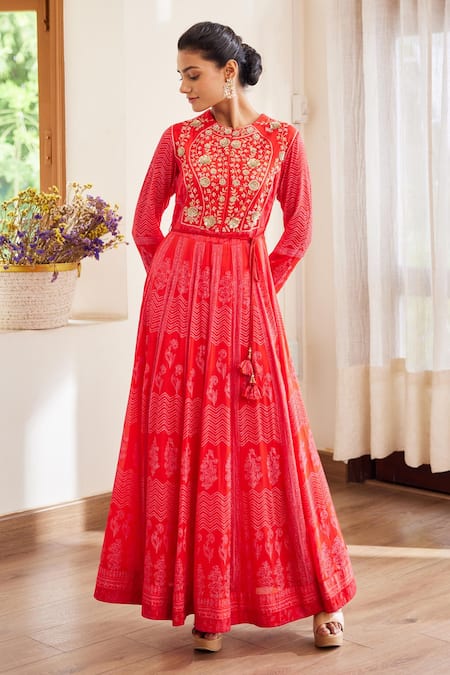 Shyam Narayan Prasad_Red Chinnon, Cotton Satin Zardozi Work, Hand Block Print Anarkali Trouser Set _Online_at_Aza_Fashions