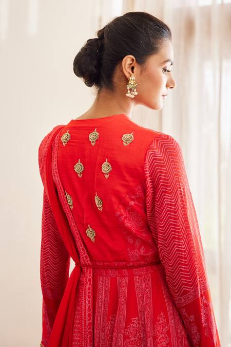 Buy_Shyam Narayan Prasad_Red Chinnon, Cotton Satin Zardozi Work, Hand Block Print Anarkali Trouser Set _Online_at_Aza_Fashions
