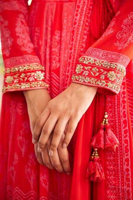 Shop_Shyam Narayan Prasad_Red Chinnon, Cotton Satin Zardozi Work, Hand Block Print Anarkali Trouser Set _Online_at_Aza_Fashions