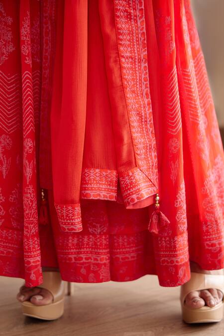 Shyam Narayan Prasad_Red Chinnon, Cotton Satin Zardozi Work, Hand Block Print Anarkali Trouser Set _at_Aza_Fashions