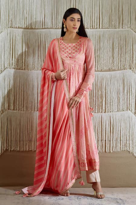 Shyam Narayan Prasad Pink Cotton Satin, Flat Chiffon, Rayon Twill Floral Round Print Angrakha Set Online at Aza Fashions Shyam Narayan Prasad_Pink Cotton Satin, Flat Chiffon, Rayon Twill Floral Round Print Angrakha Set _Online_at_Aza_Fashions