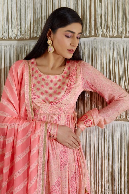 Shop Shyam Narayan Prasad Pink Cotton Satin, Flat Chiffon, Rayon Twill Floral Round Print Angrakha Set Online at Aza Fashions Shop_Shyam Narayan Prasad_Pink Cotton Satin, Flat Chiffon, Rayon Twill Floral Round Print Angrakha Set _Online_at_Aza_Fashions