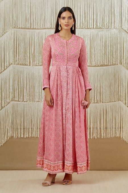 Shyam Narayan Prasad_Pink Cotton Satin, Flat Chiffon, Rayon Twill Floral, Zardozi Print Anarkali Set _Online_at_Aza_Fashions