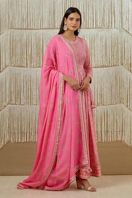 Buy_Shyam Narayan Prasad_Pink Cotton Satin, Flat Chiffon, Rayon Twill Floral, Zardozi Print Anarkali Set _Online_at_Aza_Fashions