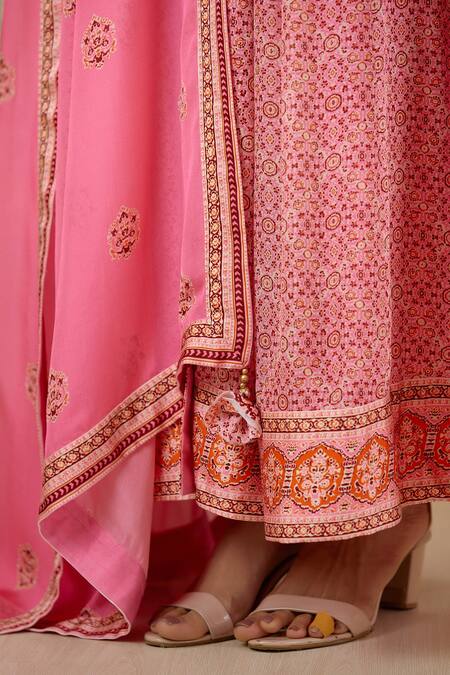 Shyam Narayan Prasad_Pink Cotton Satin, Flat Chiffon, Rayon Twill Floral, Zardozi Print Anarkali Set _at_Aza_Fashions
