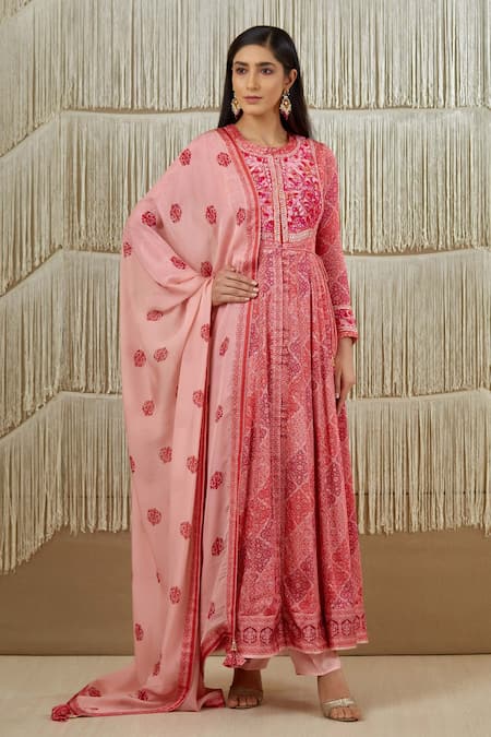 Buy_Shyam Narayan Prasad_Red Cotton Satin, Flat Chiffon, Rayon Twill Applique Embroidered Anarkali Set _Online_at_Aza_Fashions