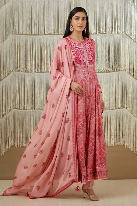 Shyam Narayan Prasad_Red Cotton Satin, Flat Chiffon, Rayon Twill Applique Embroidered Anarkali Set _Online_at_Aza_Fashions