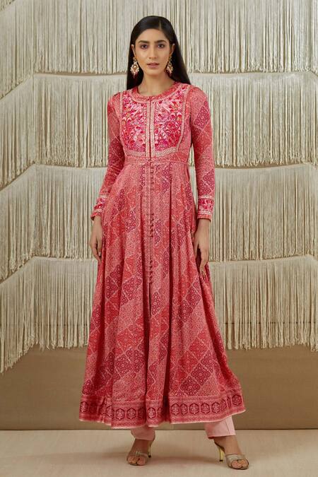 Shop_Shyam Narayan Prasad_Red Cotton Satin, Flat Chiffon, Rayon Twill Applique Embroidered Anarkali Set _Online_at_Aza_Fashions