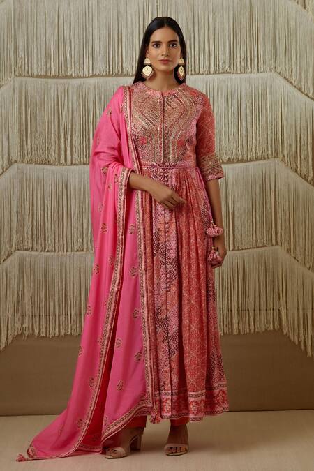 Buy_Shyam Narayan Prasad_Orange Cotton Satin, Flat Chiffon, Rayon Twill Floral, Print Anarkali Set _Online_at_Aza_Fashions