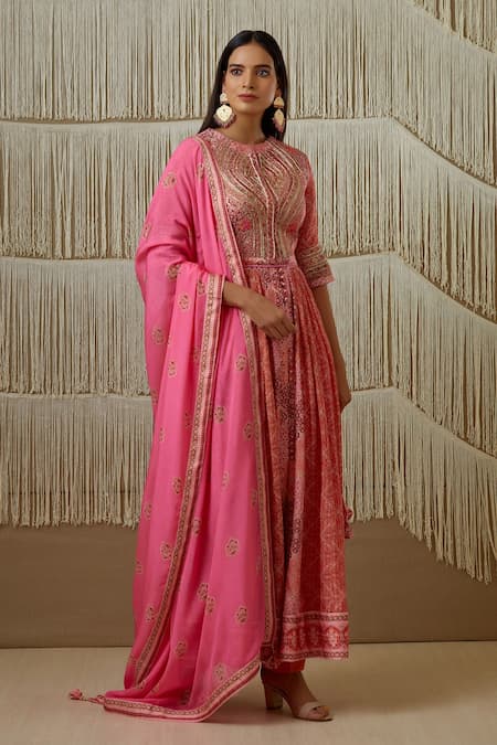 Shyam Narayan Prasad_Orange Cotton Satin, Flat Chiffon, Rayon Twill Floral, Print Anarkali Set _Online_at_Aza_Fashions