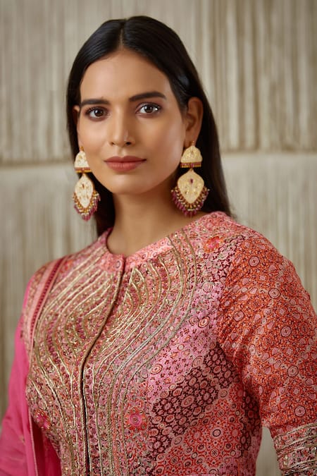 Shyam Narayan Prasad_Orange Cotton Satin, Flat Chiffon, Rayon Twill Floral, Print Anarkali Set _at_Aza_Fashions