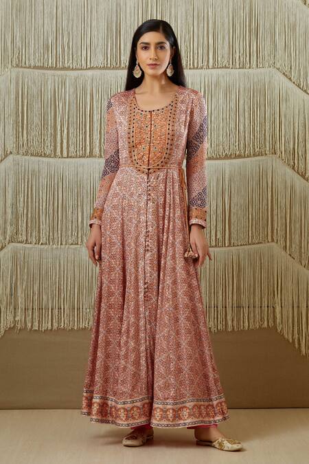 Shyam Narayan Prasad_Pink Cotton Satin, Flat Chiffon, Rayon Twill Floral, Zardozi Print Anarkali Set _Online_at_Aza_Fashions
