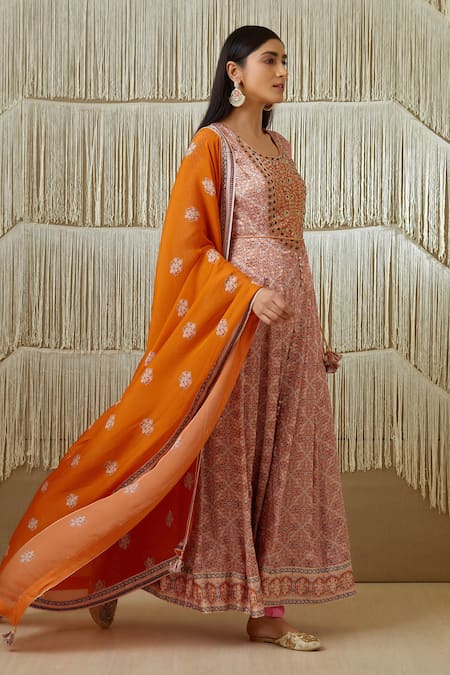 Buy_Shyam Narayan Prasad_Pink Cotton Satin, Flat Chiffon, Rayon Twill Floral, Zardozi Print Anarkali Set _Online_at_Aza_Fashions