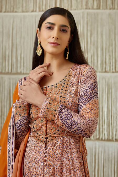 Shop_Shyam Narayan Prasad_Pink Cotton Satin, Flat Chiffon, Rayon Twill Floral, Zardozi Print Anarkali Set _Online_at_Aza_Fashions