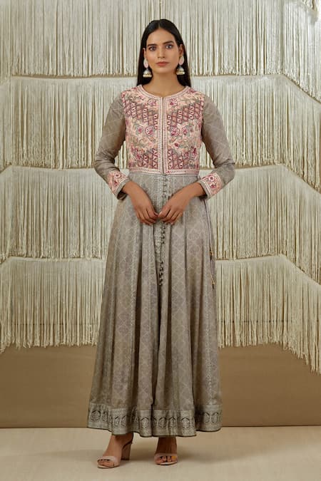 Shyam Narayan Prasad_Grey Cotton Satin, Flat Chiffon, Rayon Twill Applique Embroidered Anarkali Set _Online_at_Aza_Fashions
