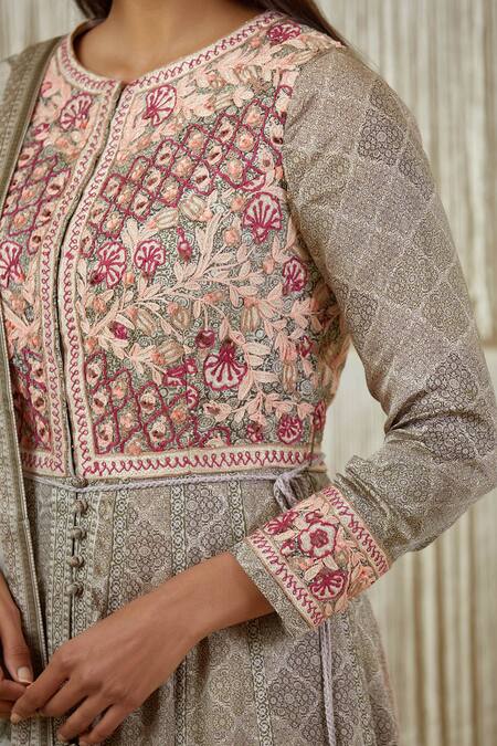 Shop_Shyam Narayan Prasad_Grey Cotton Satin, Flat Chiffon, Rayon Twill Applique Embroidered Anarkali Set _Online_at_Aza_Fashions