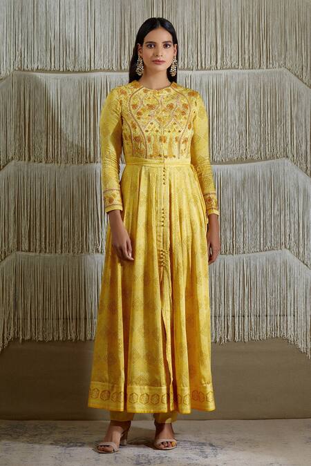 Shyam Narayan Prasad_Yellow Cotton Satin, Flat Chiffon, Rayon Twill Floral, Thread Print Anarkali Set _Online_at_Aza_Fashions