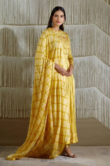 Buy_Shyam Narayan Prasad_Yellow Cotton Satin, Flat Chiffon, Rayon Twill Floral, Thread Print Anarkali Set _Online_at_Aza_Fashions