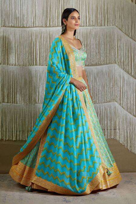 Buy_Shyam Narayan Prasad_Blue Cotton Satin, Flat Chiffon Floral, Gota Work Leaf Neck Lehenga Set _Online_at_Aza_Fashions