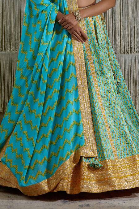 Shyam Narayan Prasad_Blue Cotton Satin, Flat Chiffon Floral, Gota Work Leaf Neck Lehenga Set _at_Aza_Fashions