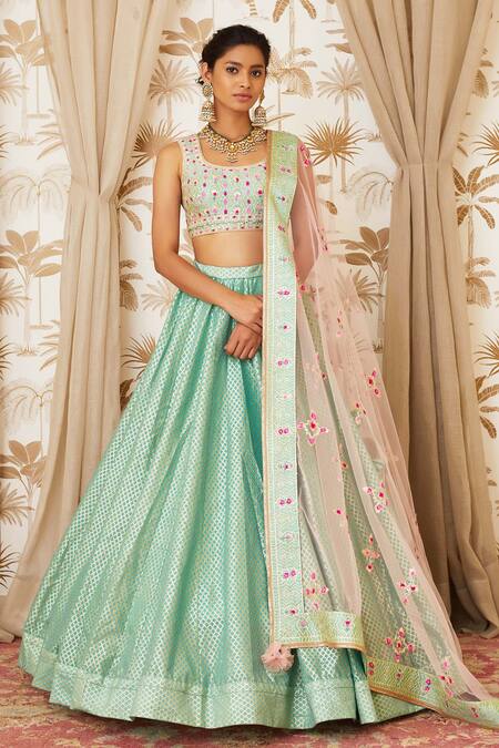 Buy Shyam Narayan Prasad Blue Raw Silk, Net Round Embroidered Lehenga Set Online at Aza Fashions Buy_Shyam Narayan Prasad_Blue Raw Silk, Net Round Embroidered Lehenga Set _Online_at_Aza_Fashions