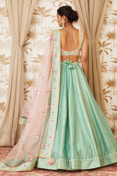 Shop Shyam Narayan Prasad Blue Raw Silk, Net Round Embroidered Lehenga Set at Aza Fashions Shop_Shyam Narayan Prasad_Blue Raw Silk, Net Round Embroidered Lehenga Set _at_Aza_Fashions