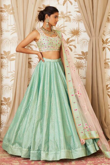 Shyam Narayan Prasad Blue Raw Silk, Net Round Embroidered Lehenga Set Online at Aza Fashions Shyam Narayan Prasad_Blue Raw Silk, Net Round Embroidered Lehenga Set _Online_at_Aza_Fashions