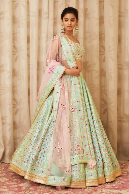 Shyam Narayan Prasad Green Raw Silk, Net Round Embroidered Lehenga Set Online at Aza Fashions Shyam Narayan Prasad_Green Raw Silk, Net Round Embroidered Lehenga Set _Online_at_Aza_Fashions
