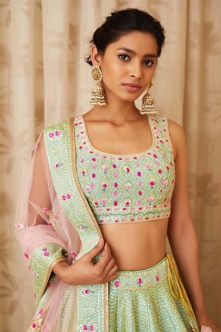 Shop Shyam Narayan Prasad Green Raw Silk, Net Round Embroidered Lehenga Set Online at Aza Fashions Shop_Shyam Narayan Prasad_Green Raw Silk, Net Round Embroidered Lehenga Set _Online_at_Aza_Fashions