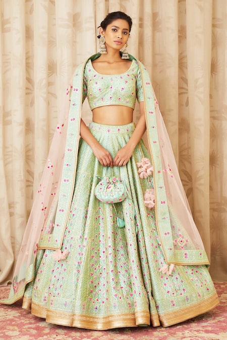 Shyam Narayan Prasad Green Raw Silk, Net Round Embroidered Lehenga Set 