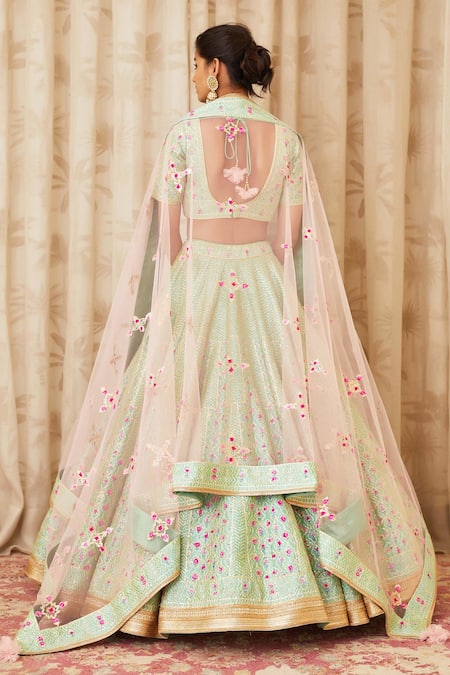 Shop Shyam Narayan Prasad Green Raw Silk, Net Round Embroidered Lehenga Set at Aza Fashions Shop_Shyam Narayan Prasad_Green Raw Silk, Net Round Embroidered Lehenga Set _at_Aza_Fashions