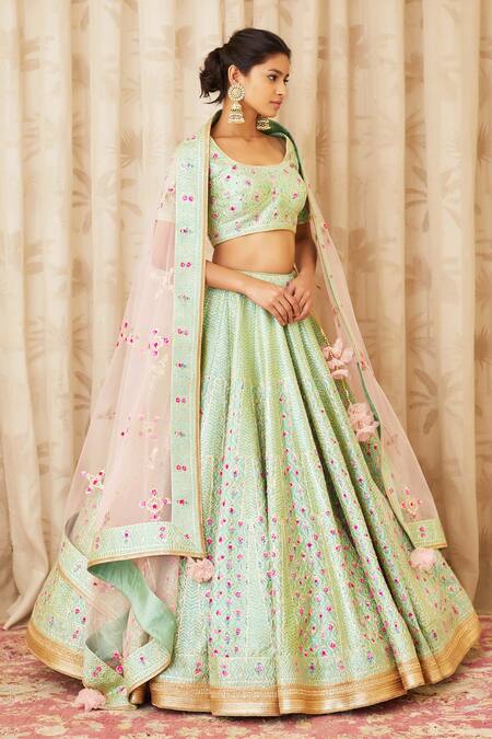 Shyam Narayan Prasad Green Raw Silk, Net Round Embroidered Lehenga Set Online at Aza Fashions Shyam Narayan Prasad_Green Raw Silk, Net Round Embroidered Lehenga Set _Online_at_Aza_Fashions