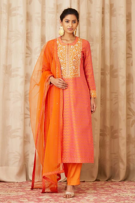 Shyam Narayan Prasad Orange Chanderi Zardozi Embroidered Kurta Set 