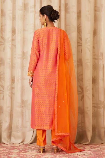 Shop Shyam Narayan Prasad Orange Chanderi Zardozi Embroidered Kurta Set at Aza Fashions Shop_Shyam Narayan Prasad_Orange Chanderi Zardozi Embroidered Kurta Set _at_Aza_Fashions