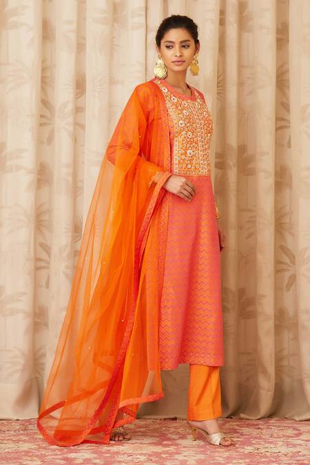 Shyam Narayan Prasad Orange Chanderi Zardozi Embroidered Kurta Set Online at Aza Fashions Shyam Narayan Prasad_Orange Chanderi Zardozi Embroidered Kurta Set _Online_at_Aza_Fashions