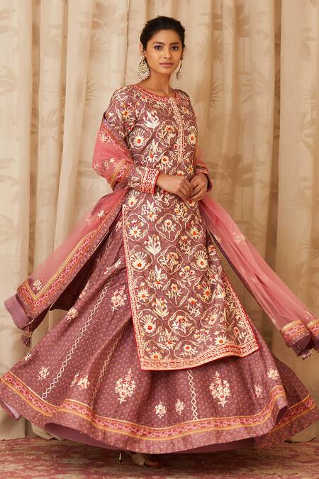 Buy_Shyam Narayan Prasad_Purple Net, Viscose Silk Round Embroidered Kurta And Lehenga Set _Online_at_Aza_Fashions