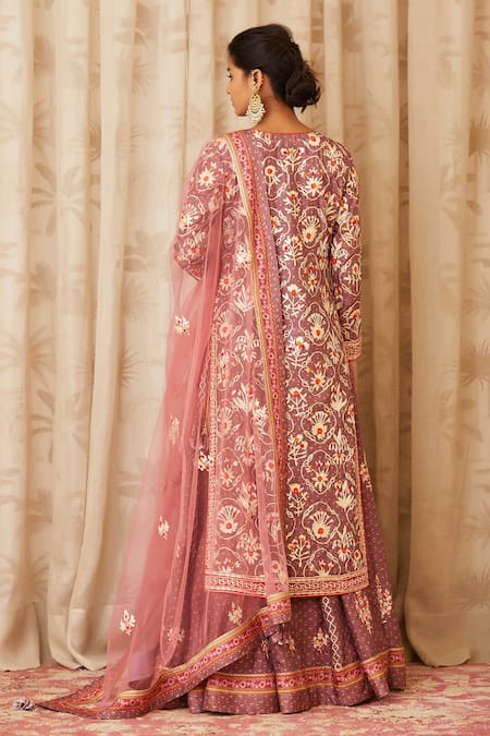 Shop_Shyam Narayan Prasad_Purple Net, Viscose Silk Round Embroidered Kurta And Lehenga Set _at_Aza_Fashions