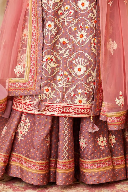Shyam Narayan Prasad_Purple Net, Viscose Silk Round Embroidered Kurta And Lehenga Set _at_Aza_Fashions