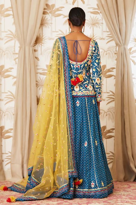 Shop Shyam Narayan Prasad Blue Net, Viscose Silk Round Embroidered Kurta And Lehenga Set at Aza Fashions Shop_Shyam Narayan Prasad_Blue Net, Viscose Silk Round Embroidered Kurta And Lehenga Set _at_Aza_Fashions