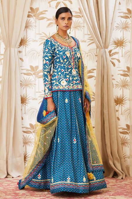 Shyam Narayan Prasad Blue Net, Viscose Silk Round Embroidered Kurta And Lehenga Set Online at Aza Fashions Shyam Narayan Prasad_Blue Net, Viscose Silk Round Embroidered Kurta And Lehenga Set _Online_at_Aza_Fashions