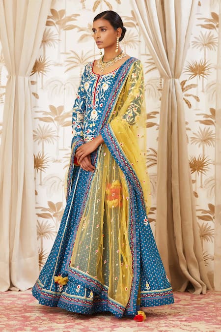 Buy Shyam Narayan Prasad Blue Net, Viscose Silk Round Embroidered Kurta And Lehenga Set Online at Aza Fashions Buy_Shyam Narayan Prasad_Blue Net, Viscose Silk Round Embroidered Kurta And Lehenga Set _Online_at_Aza_Fashions