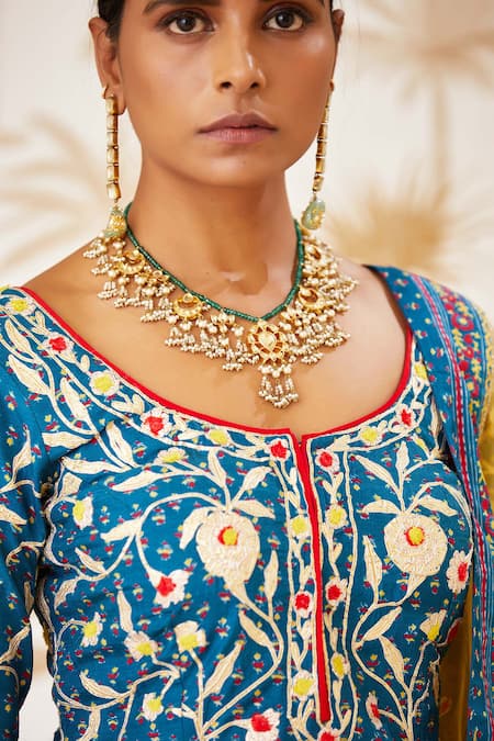 Shop Shyam Narayan Prasad Blue Net, Viscose Silk Round Embroidered Kurta And Lehenga Set Online at Aza Fashions Shop_Shyam Narayan Prasad_Blue Net, Viscose Silk Round Embroidered Kurta And Lehenga Set _Online_at_Aza_Fashions