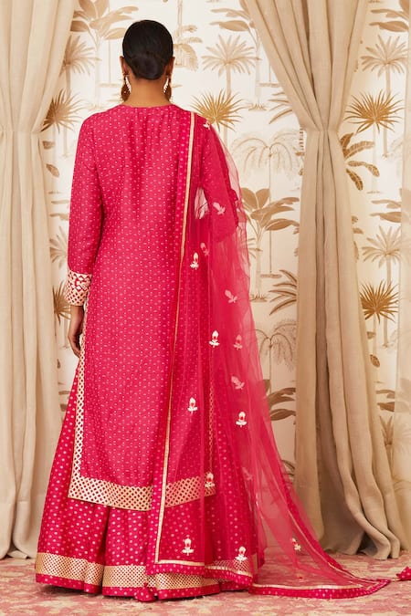 Shop_Shyam Narayan Prasad_Pink Brocade, Viscose Silk Round Embroidered Kurta And Lehenga Set _at_Aza_Fashions