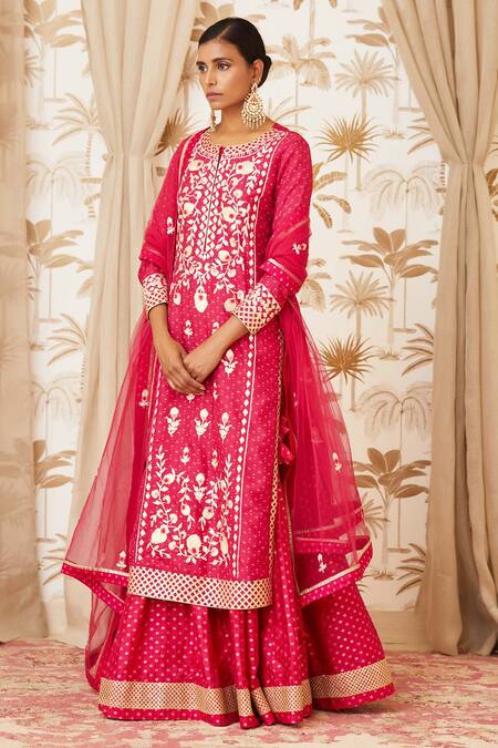 Buy_Shyam Narayan Prasad_Pink Brocade, Viscose Silk Round Embroidered Kurta And Lehenga Set _Online_at_Aza_Fashions