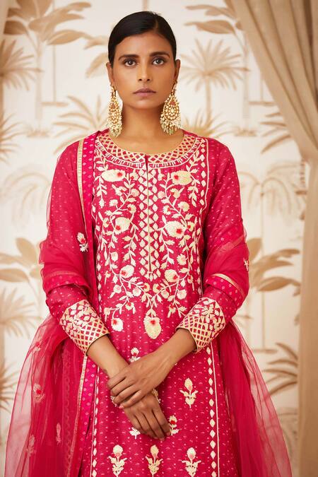 Shop_Shyam Narayan Prasad_Pink Brocade, Viscose Silk Round Embroidered Kurta And Lehenga Set _Online_at_Aza_Fashions