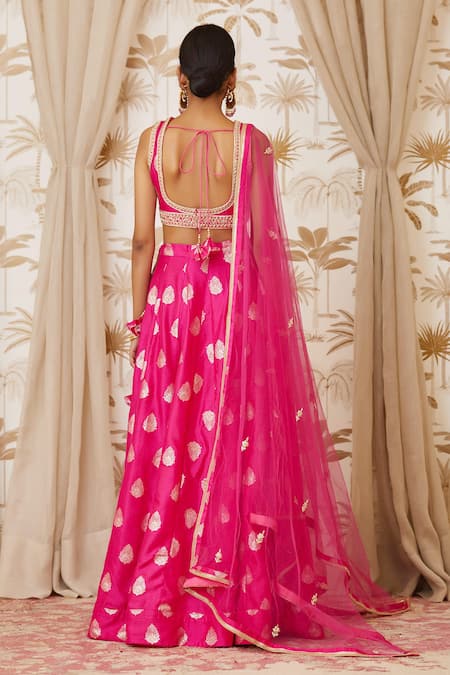 Shop Shyam Narayan Prasad Pink Brocade Silk Round Lehenga Set at Aza Fashions Shop_Shyam Narayan Prasad_Pink Brocade Silk Round Lehenga Set _at_Aza_Fashions
